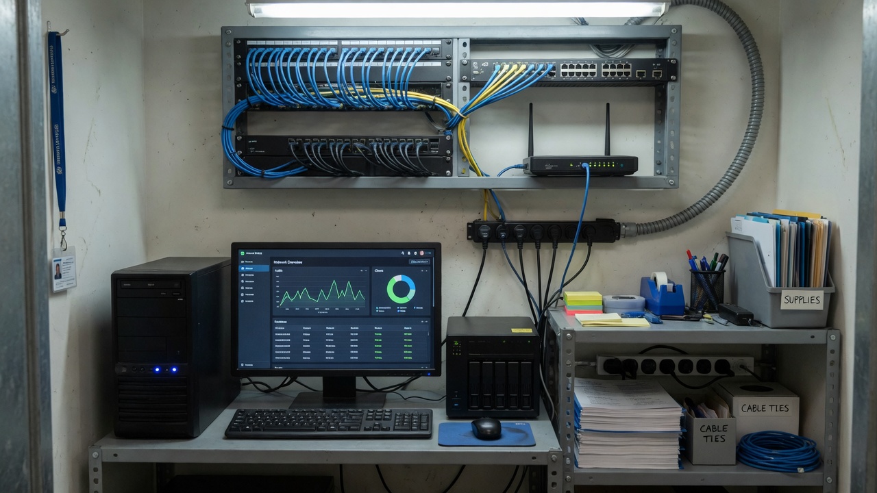 Organized phone and network wiring for a small-business office